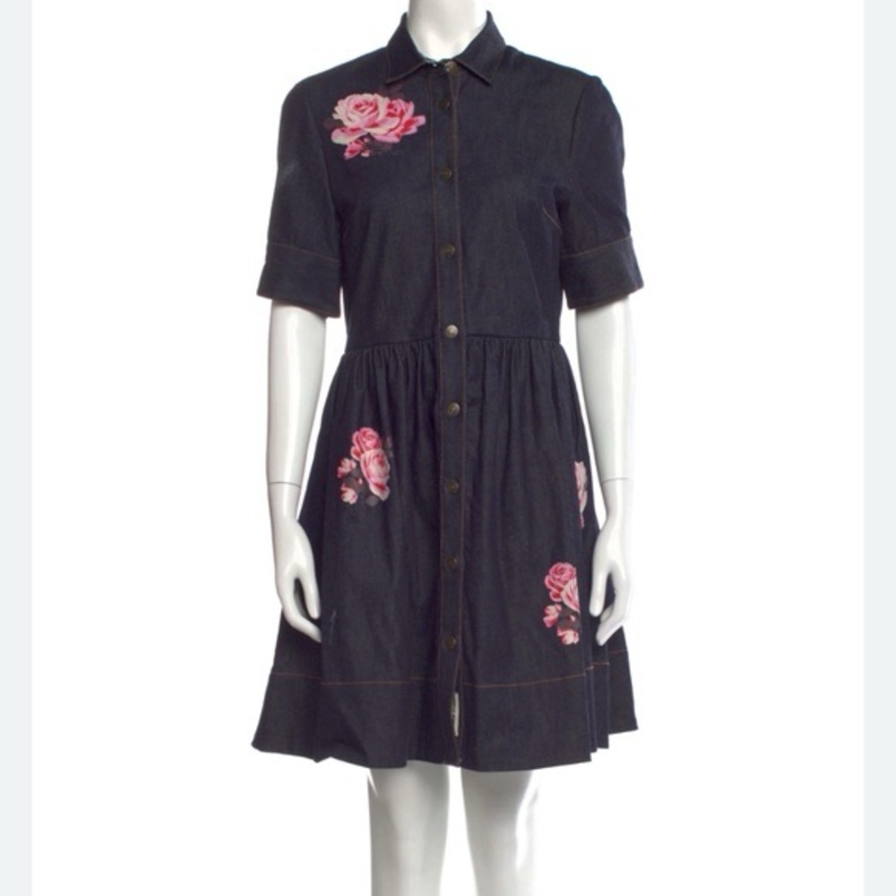 kate spade Navy Denim Midi Dress with Pink Rose Appliqués